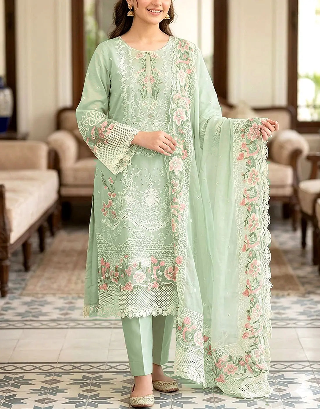 Unstiched Heavy Schiffli Embroidered Cotton Party Dress with Emb. Chiffon Dupatta