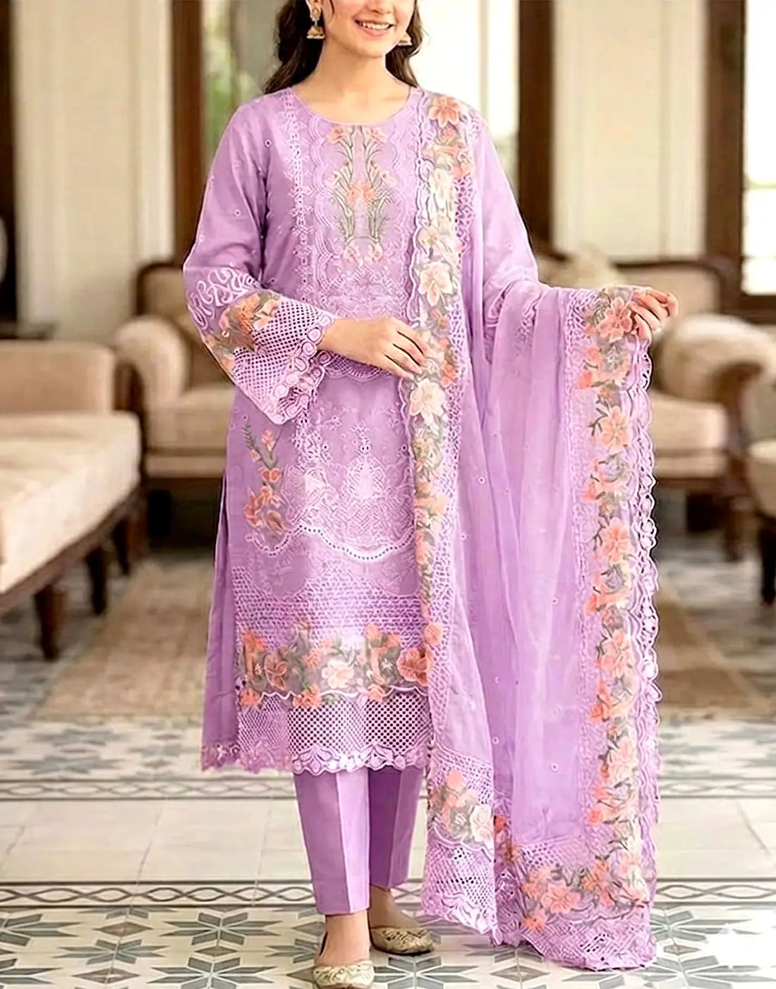Unstiched Heavy Schiffli Embroidered Cotton Party Dress with Emb. Chiffon Dupatta