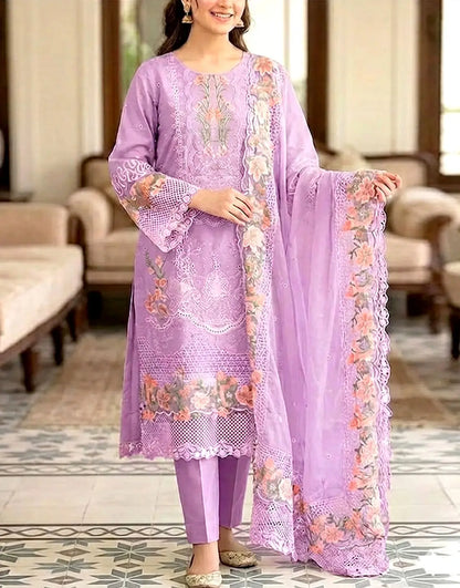 Unstiched Heavy Schiffli Embroidered Cotton Party Dress with Emb. Chiffon Dupatta