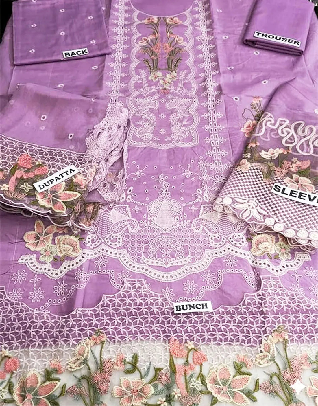 Unstiched Heavy Schiffli Embroidered Cotton Party Dress with Emb. Chiffon Dupatta