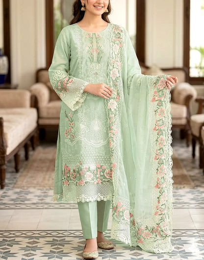 Unstiched Heavy Schiffli Embroidered Cotton Party Dress with Emb. Chiffon Dupatta