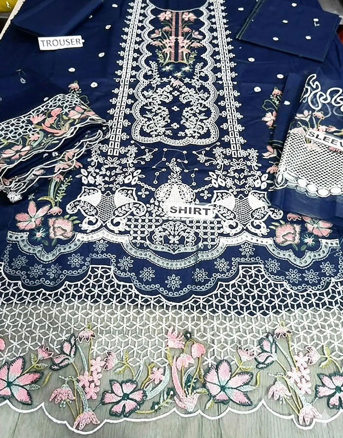 Unstiched Heavy Schiffli Embroidered Cotton Party Dress with Emb. Chiffon Dupatta