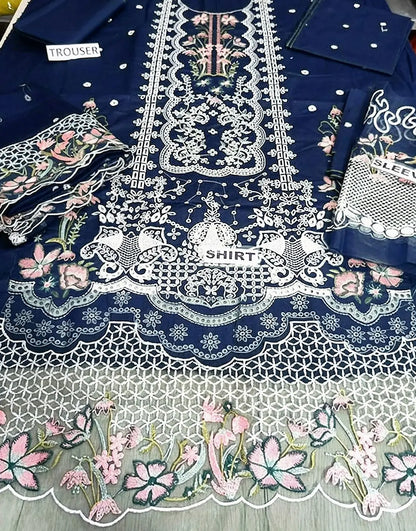 Unstiched Heavy Schiffli Embroidered Cotton Party Dress with Emb. Chiffon Dupatta