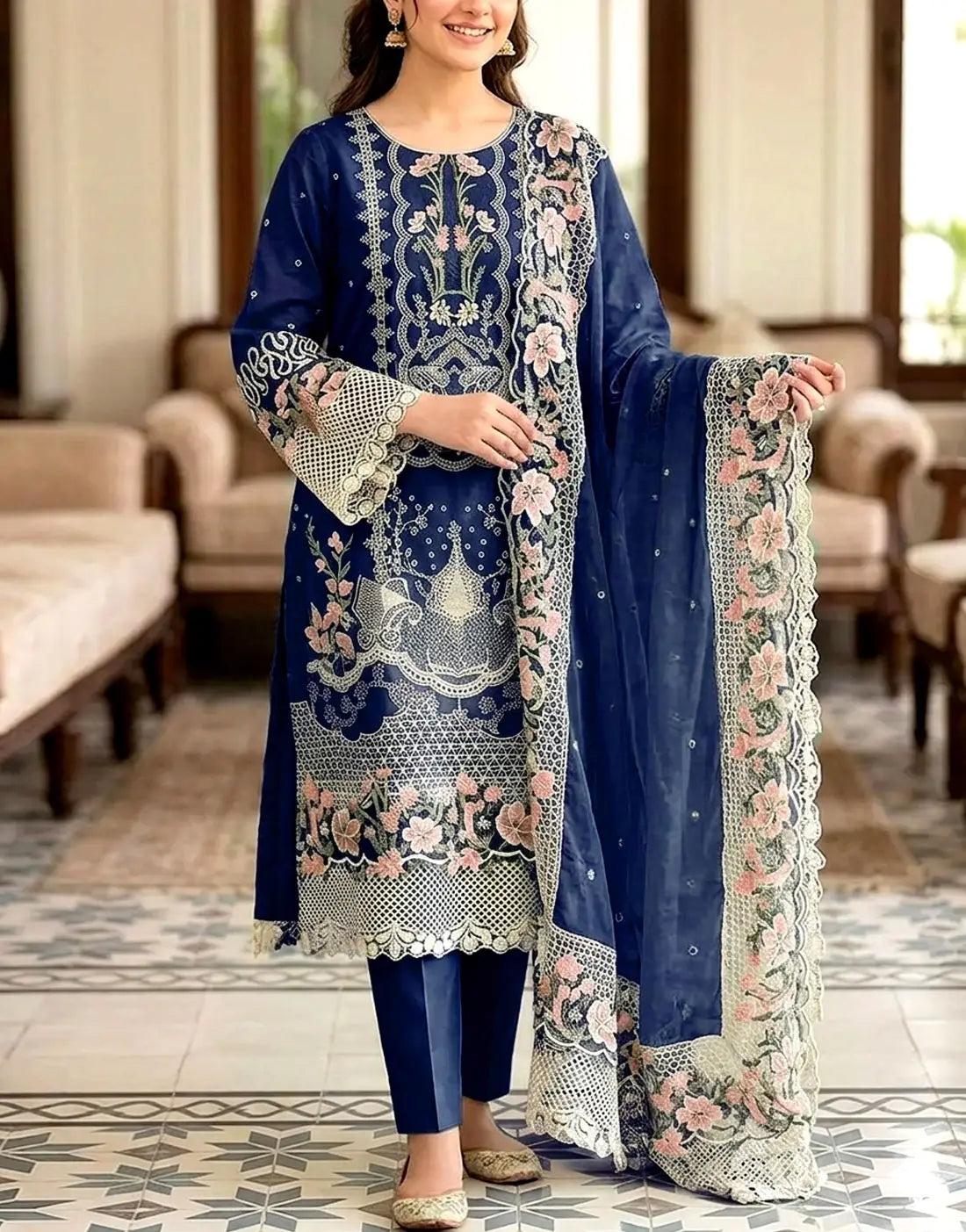 Unstiched Heavy Schiffli Embroidered Cotton Party Dress with Emb. Chiffon Dupatta