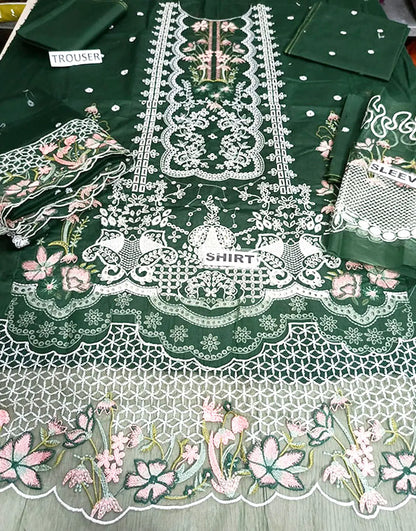 Unstiched Heavy Schiffli Embroidered Cotton Party Dress with Emb. Chiffon Dupatta