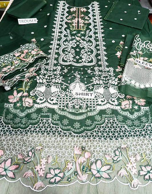 Unstiched Heavy Schiffli Embroidered Cotton Party Dress with Emb. Chiffon Dupatta