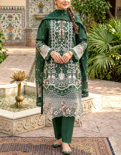 Unstiched Heavy Schiffli Embroidered Cotton Party Dress with Emb. Chiffon Dupatta
